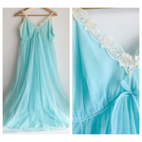 Vintage Dorsay Sheer 2 Layer Sky Blue LAce Trim Nighgown M/L